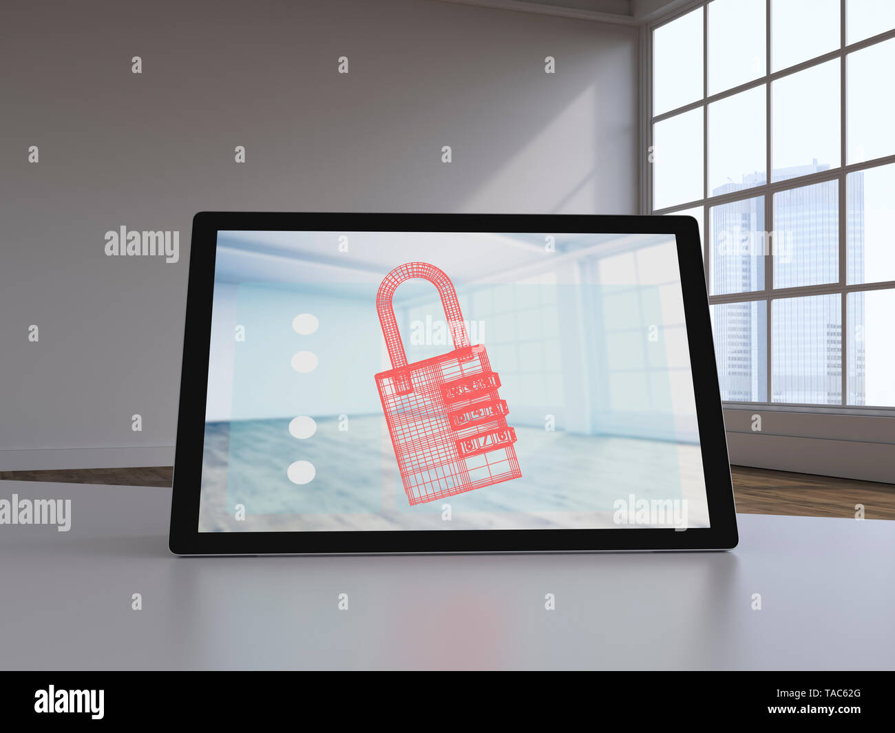 3D rendering, Virtual lock on display of a digital tablet Stock Photo