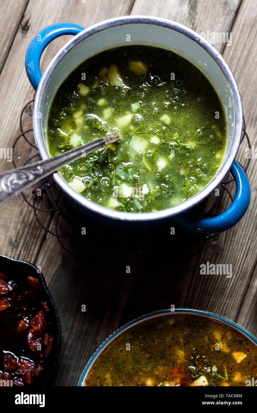 Caldo verde, soup with green cabbage, chorizo and potato Stock Photo