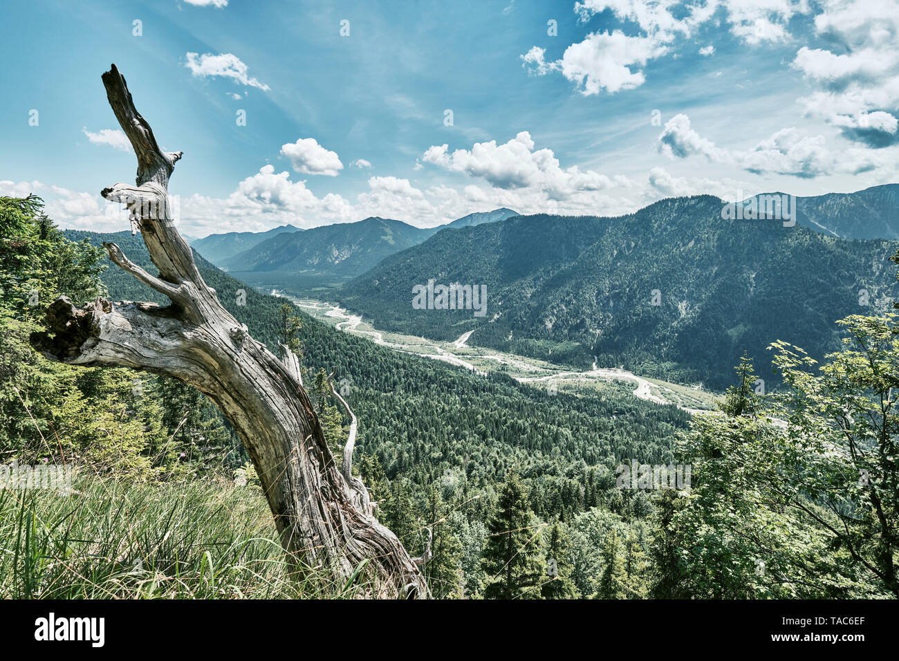 Germany, Bavaria, view above the Isar Valley between Wallgau and Vorderriss with  Karwendel Mountains in background Stock Photo