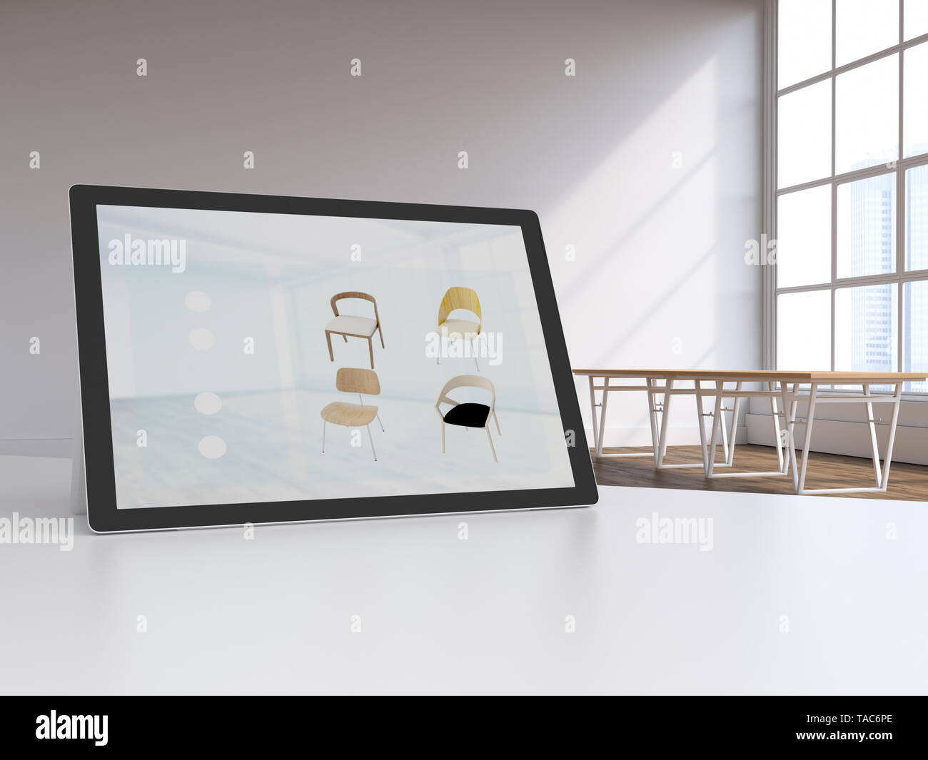 3D rendering, Digital tablet in modern loft with furnitures on display, online shopping for chairs Stock Photo