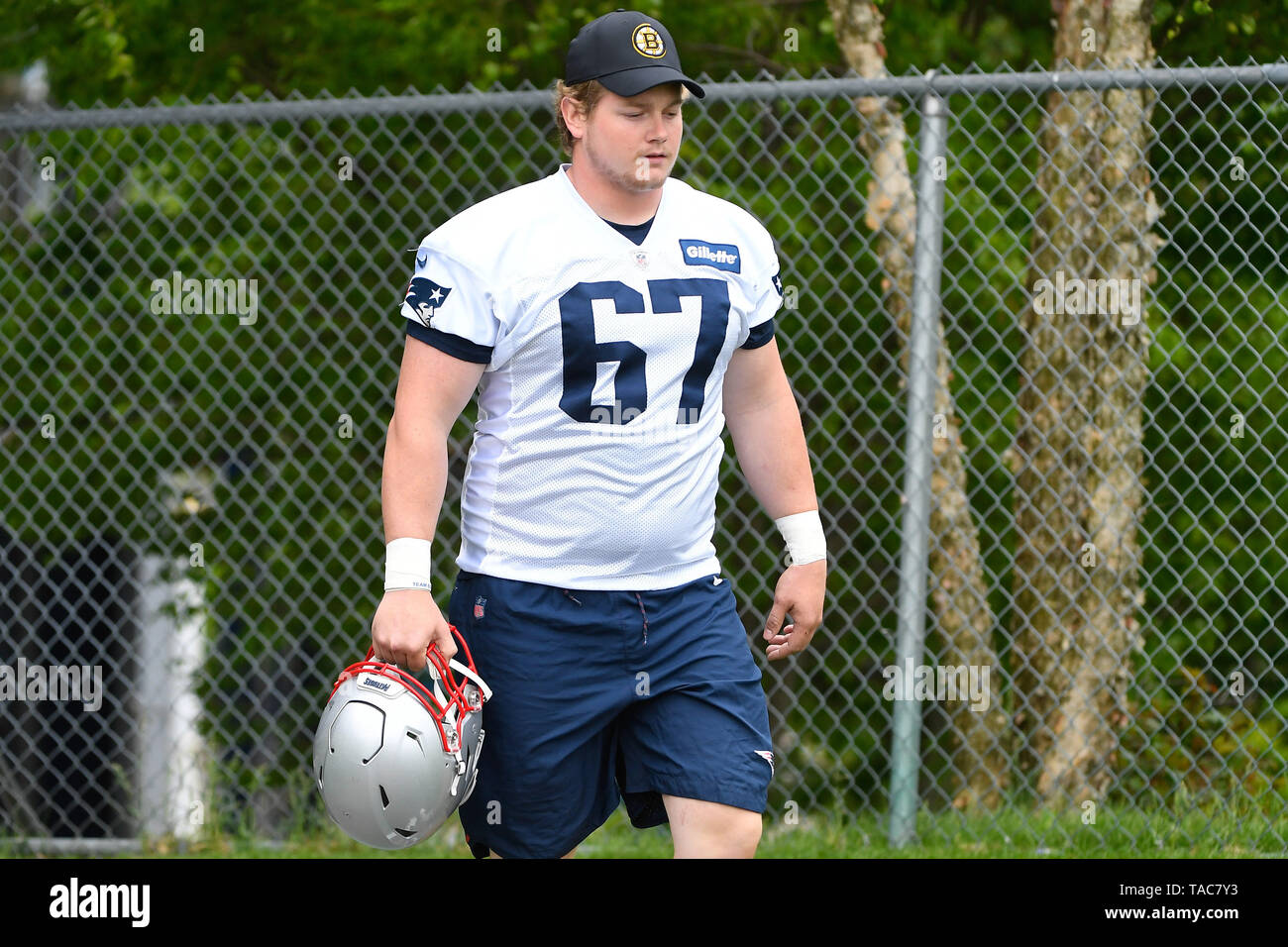 Foxborough, Massachusetts, USA. 23rd May, 2019. New England Patriots offensive tackle Tyler Gauthier (67) takes part in the the New England Patriots OTA held at Gillette Stadium, in Foxborough, Massachusetts. Eric Canha/CSM/Alamy Live News Stock Photo