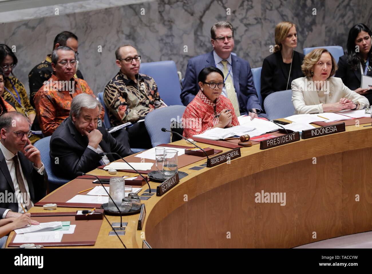 United Nations, New York, USA, May 23, 2019 - Retno Lestari Priansari Marsudi, Minister for Foreign Affairs of the Republic of Indonesia and President of the Security Council for the month of May, chairs the Security Council debate on protection of civilians in armed conflict today at the UN Headquarters in New York. Photo: Luiz Rampelotto/EuropaNewswire PHOTO CREDIT MANDATORY. | usage worldwide Stock Photo