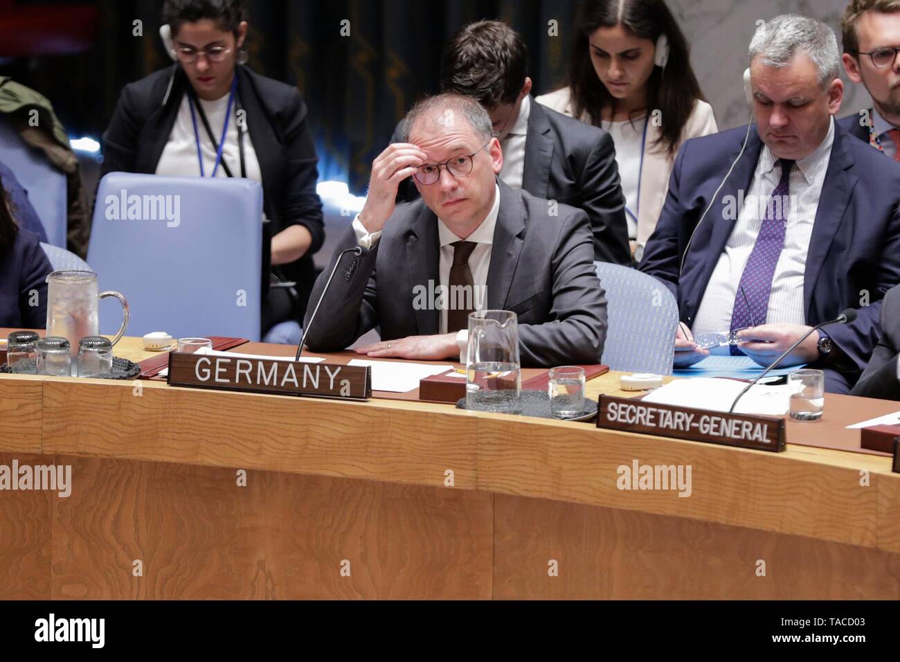 United Nations, New York, USA, May 23, 2019 - Niels Annen, Minister of State at the Federal Foreign Office of Germany, addresses the Security Council debate on protection of civilians in armed conflict today at the UN Headquarters in New York. Photo: Luiz Rampelotto/EuropaNewswire PHOTO CREDIT MANDATORY. | usage worldwide Stock Photo