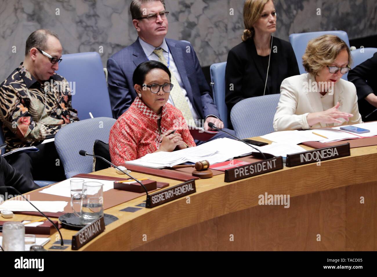 United Nations, New York, USA, May 23, 2019 - Retno Lestari Priansari Marsudi, Minister for Foreign Affairs of the Republic of Indonesia and President of the Security Council for the month of May, chairs the Security Council debate on protection of civilians in armed conflict today at the UN Headquarters in New York. Photo: Luiz Rampelotto/EuropaNewswire PHOTO CREDIT MANDATORY. | usage worldwide Stock Photo