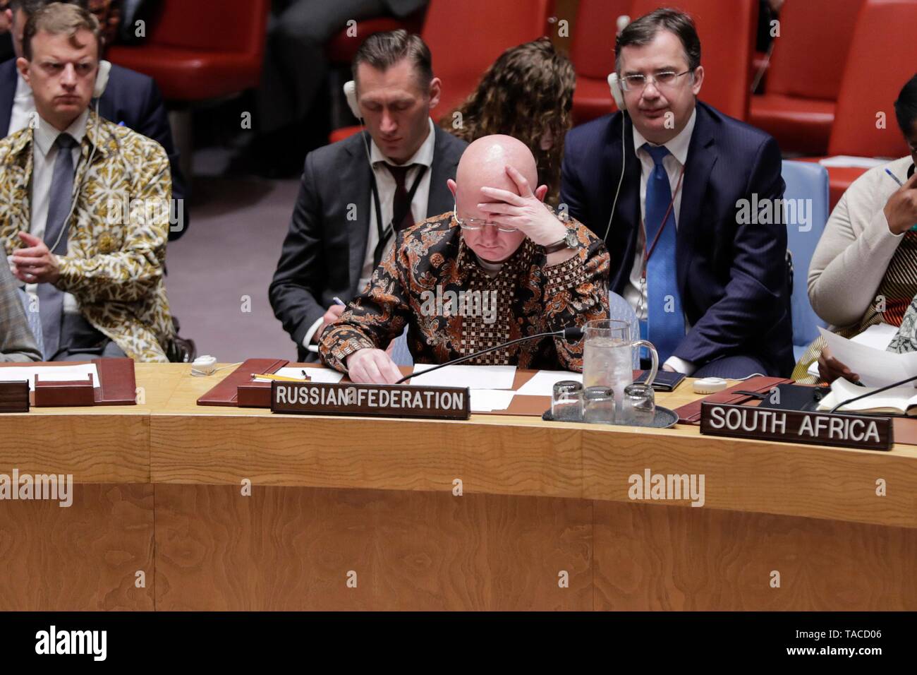 United Nations, New York, USA, May 23, 2019 - Vassily Nebenzia, Permanent Representative of the Russian Federation to the UN during the Security Council debate on protection of civilians in armed conflict today at the UN Headquarters in New York. Photo: Luiz Rampelotto/EuropaNewswire PHOTO CREDIT MANDATORY. | usage worldwide Stock Photo