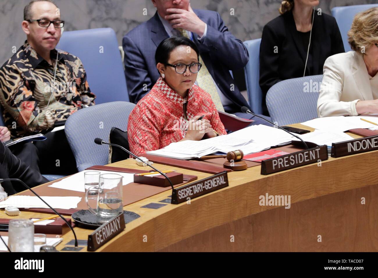 United Nations, New York, USA, May 23, 2019 - Retno Lestari Priansari Marsudi, Minister for Foreign Affairs of the Republic of Indonesia and President of the Security Council for the month of May, chairs the Security Council debate on protection of civilians in armed conflict today at the UN Headquarters in New York. Photo: Luiz Rampelotto/EuropaNewswire PHOTO CREDIT MANDATORY. | usage worldwide Stock Photo