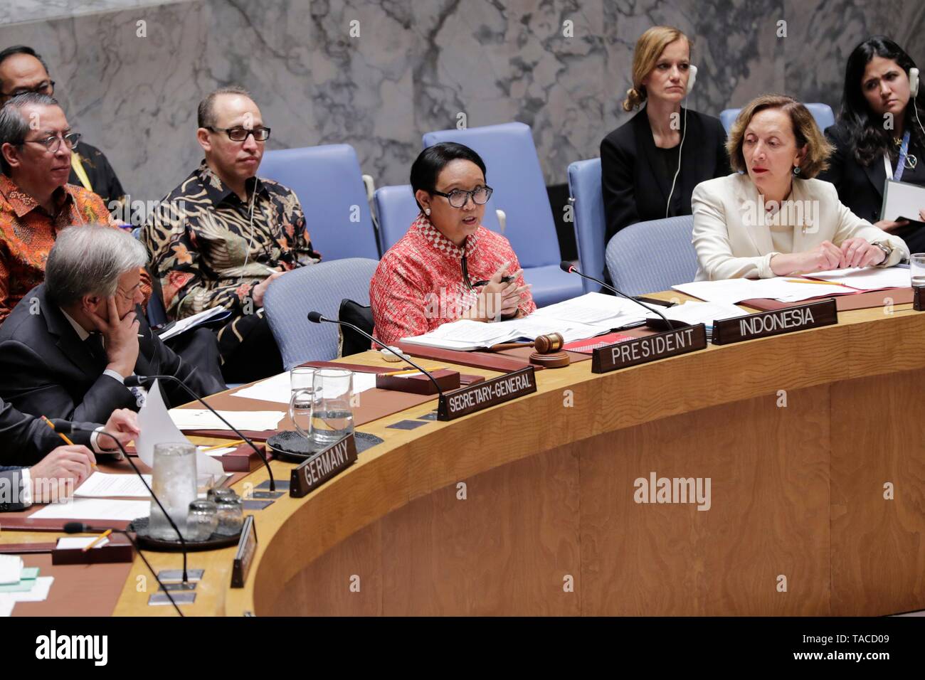 United Nations, New York, USA, May 23, 2019 - Retno Lestari Priansari Marsudi, Minister for Foreign Affairs of the Republic of Indonesia and President of the Security Council for the month of May, chairs the Security Council debate on protection of civilians in armed conflict today at the UN Headquarters in New York. Photo: Luiz Rampelotto/EuropaNewswire PHOTO CREDIT MANDATORY. | usage worldwide Stock Photo