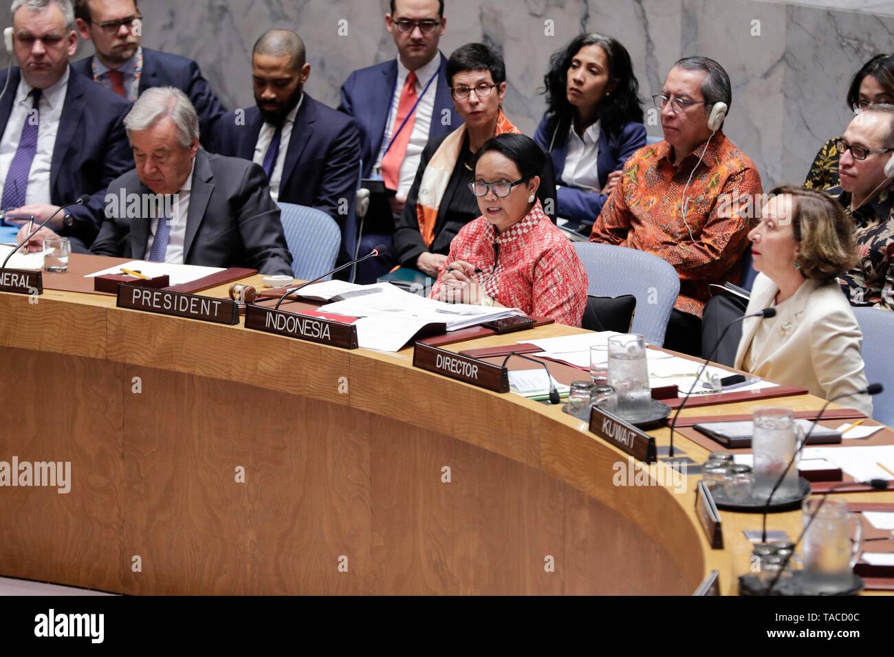 United Nations, New York, USA, May 23, 2019 - Retno Lestari Priansari Marsudi, Minister for Foreign Affairs of the Republic of Indonesia and President of the Security Council for the month of May, chairs the Security Council debate on protection of civilians in armed conflict today at the UN Headquarters in New York. Photo: Luiz Rampelotto/EuropaNewswire PHOTO CREDIT MANDATORY. | usage worldwide Stock Photo