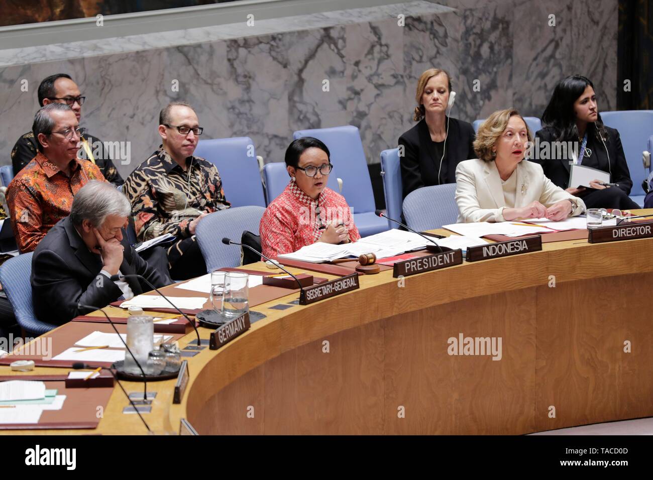 United Nations, New York, USA, May 23, 2019 - Retno Lestari Priansari Marsudi, Minister for Foreign Affairs of the Republic of Indonesia and President of the Security Council for the month of May, chairs the Security Council debate on protection of civilians in armed conflict today at the UN Headquarters in New York. Photo: Luiz Rampelotto/EuropaNewswire PHOTO CREDIT MANDATORY. | usage worldwide Stock Photo