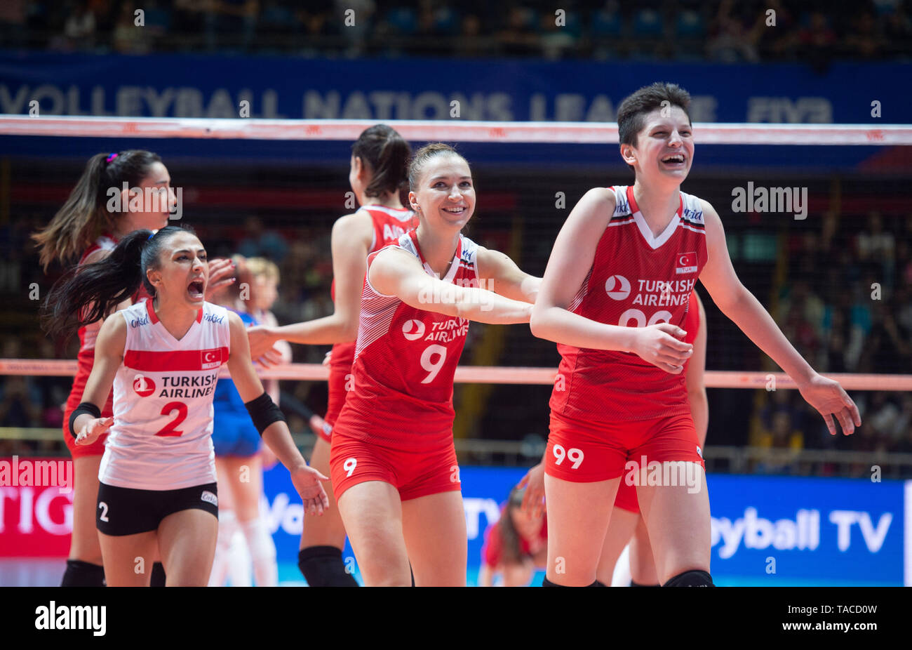 Belgrade, Serbia. 23rd May, 2019. Players of Turkey celebrate during the 2019 FIVB Volleyball Nations League womens game between Turkey and Serbia in Belgrade, Serbia, May 23, 2019