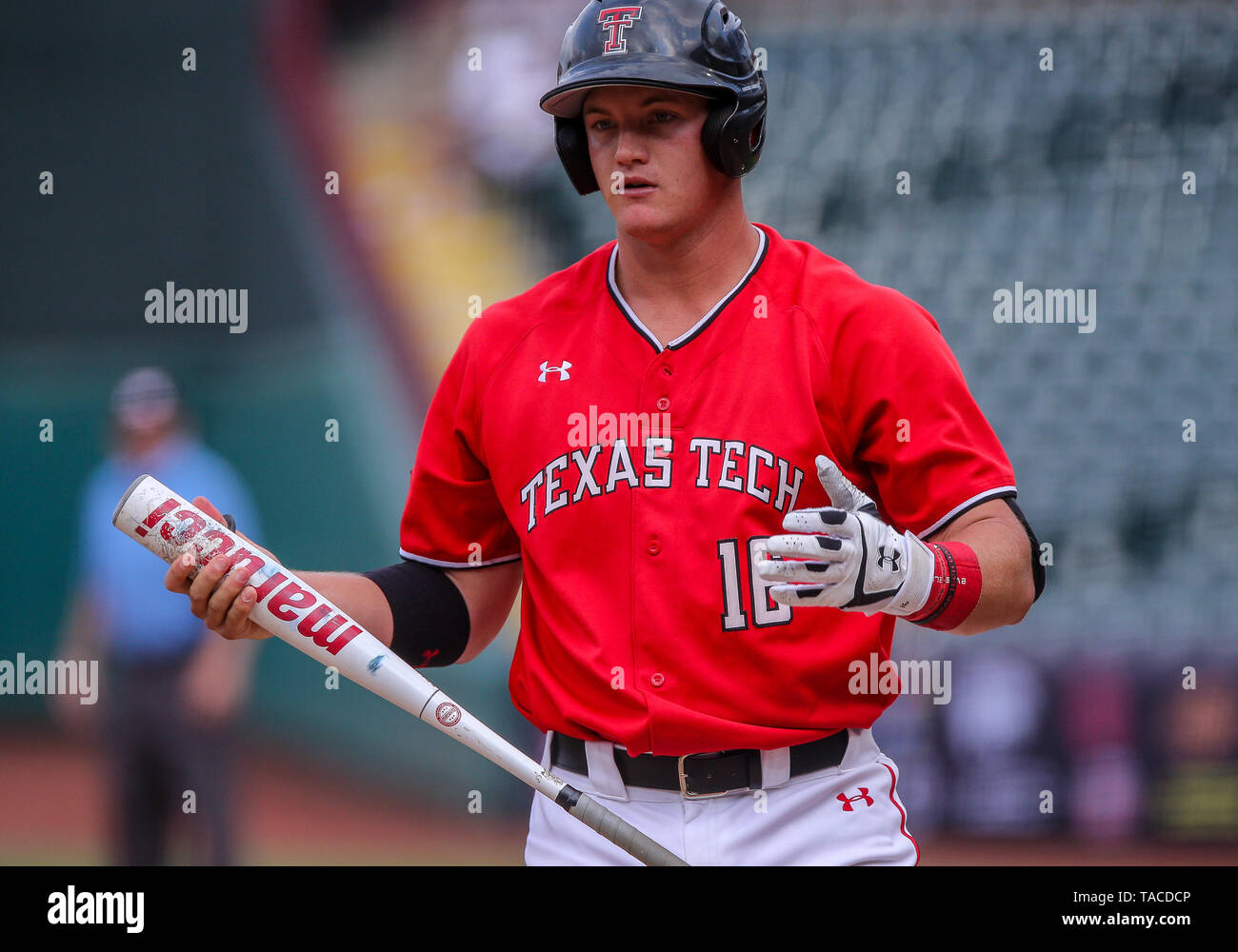 Oklahoma City, OK, USA. 23rd May, 2019. Texas Tech infielder Josh Jung (16)  at bat during a 2019 Phillips 66 Big 12 Baseball Championship second round  game between the West Virginia Mountaineers
