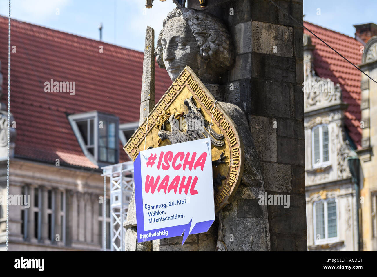 Bremen, Germany. 23rd May, 2019. A few days before the election of the citizens of Bremen a sign with the inscription '#ISCHA WAAHL - Sonntag 26. Mai Wählen. Co-decide.' . On 26 May, the citizens' elections will take place in Bremen. Credit: Mohssen Assanimoghaddam/dpa/Alamy Live News Stock Photo