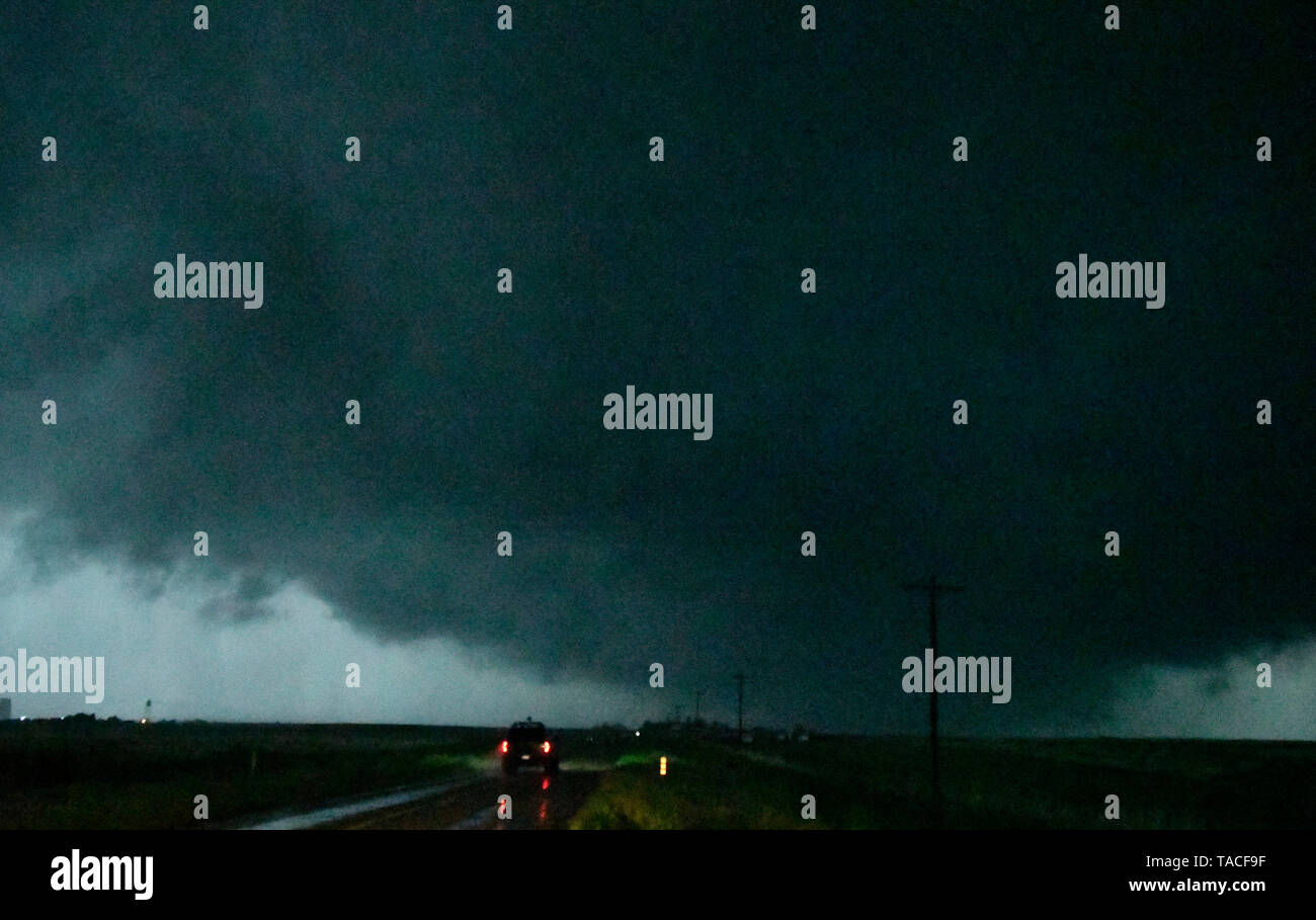 A wedge tornado storm cells cross over and misses the town of Laverne