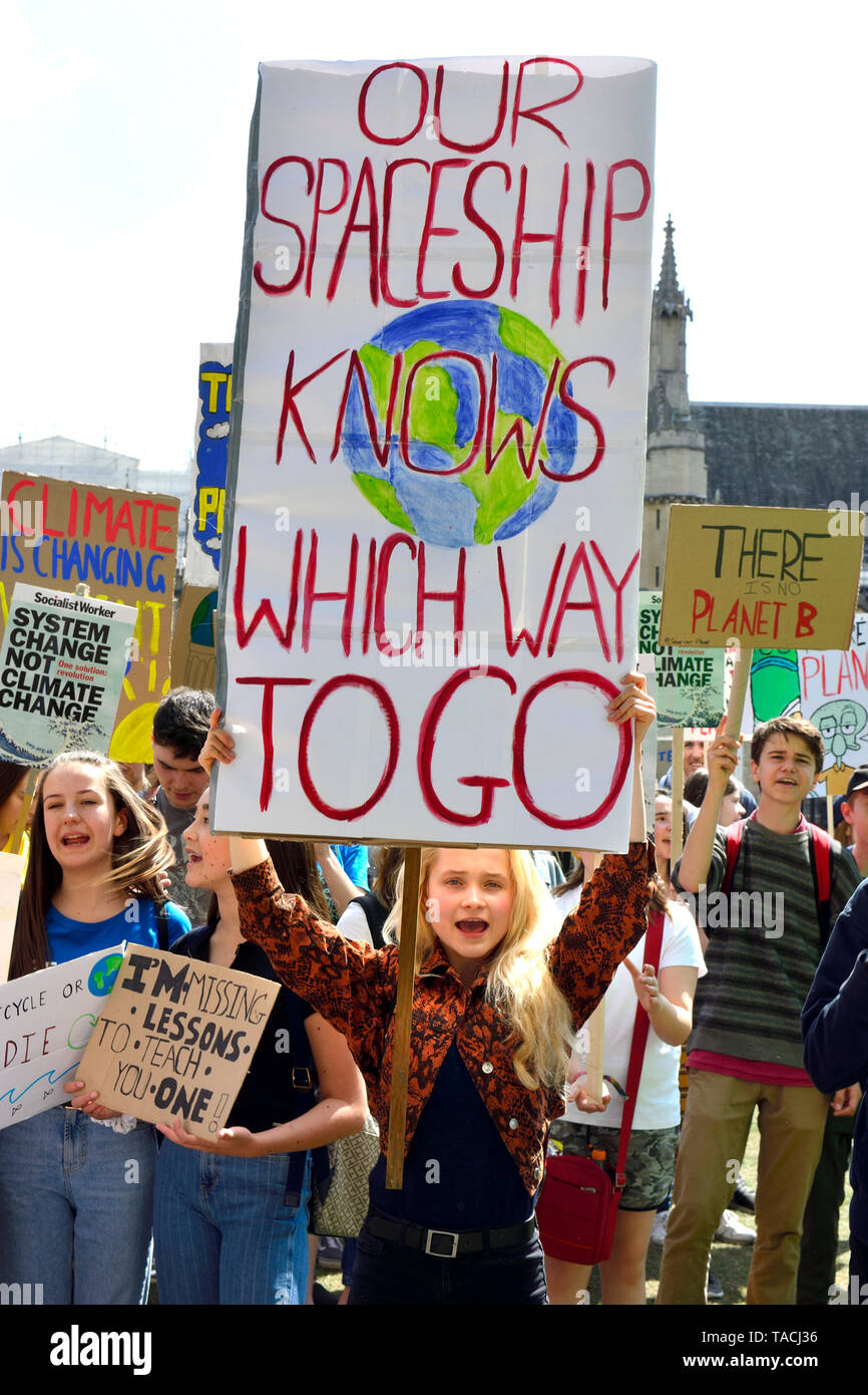 London, UK. 24th May 2019. Crowds of mostly schoolchildren gather in Parliament Square for the monthly #FridaysForFuture climate strike Credit: PjrFoto/Alamy Live News Stock Photo