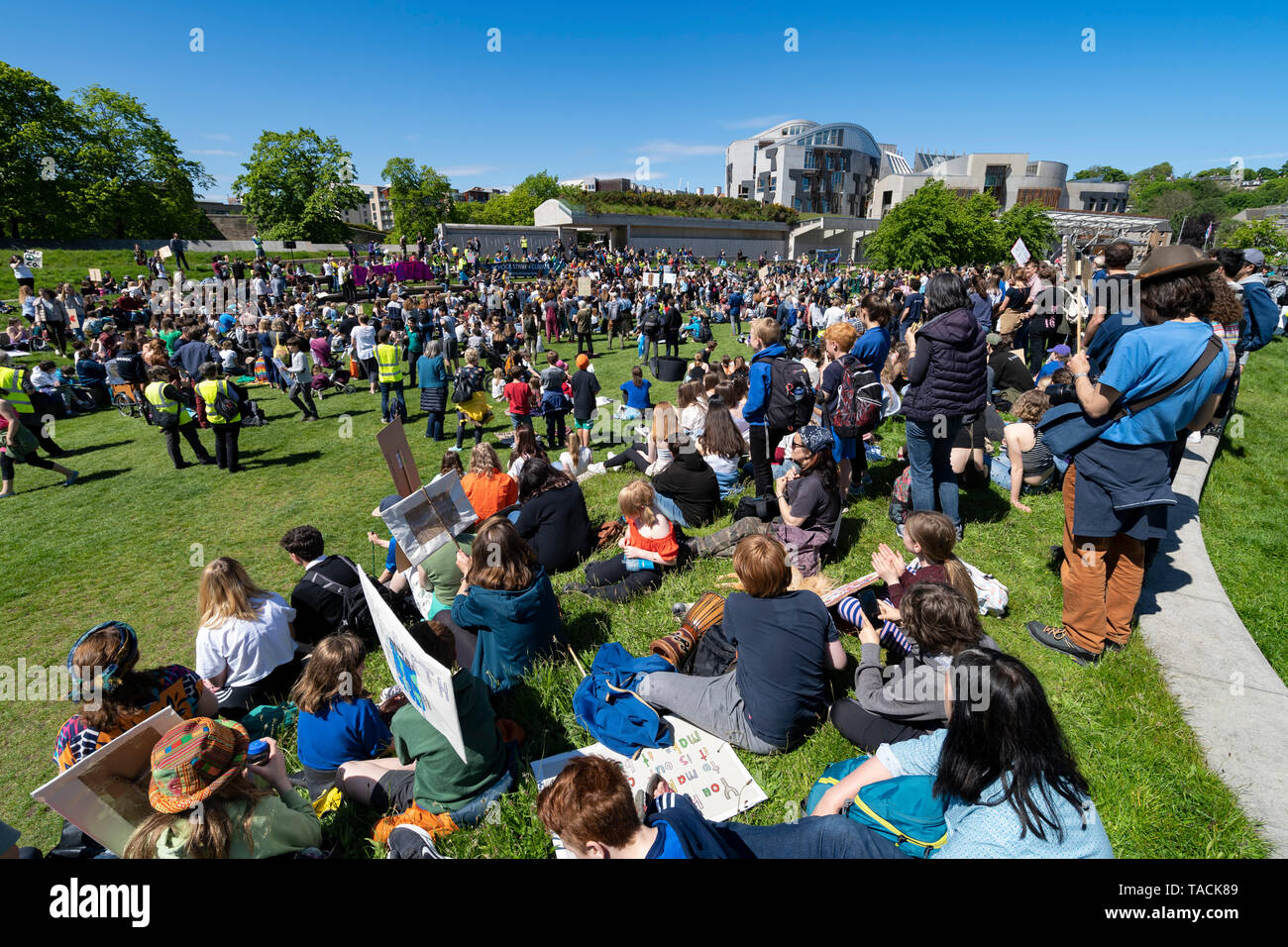 Edinburgh, Scotland, UK. 24th May, 2019. Scottish Youth Climate Strike by schoolchildren in central Edinburgh. Students took a day off school to meet in The Meadows park before marching along the Royal Mile to a protest held outside the Scottish Parliament at Holyrood. The protest is to coincide with the second global school strike for climate - along with over 1500 locations around the world. The strikes were started in August 2018 by the Swedish schoolgirl Greta Thunberg and have since been mirrored across the world.    Credit: Iain Masterton/Alamy Live News Stock Photo