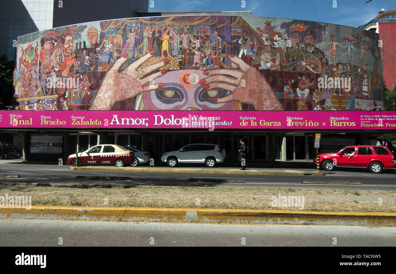 Mexico City, Mexico - 2019: Facade of  the famous Teatro de los Insurgentes (Theater of the Insurgents), located in Insurgentes avenue. Stock Photo