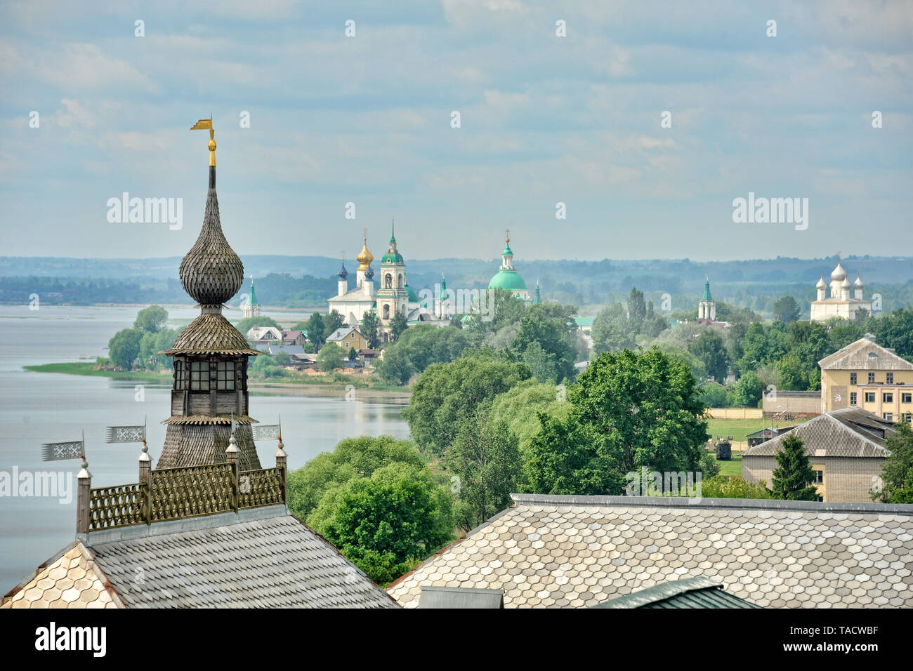 = Spaso-Yakovlevsky Monastery at Lake Nero in Spring Morning =  View from the observation deck of a water tower of Rostov Kremlin on the Spaso-Yakovle Stock Photo