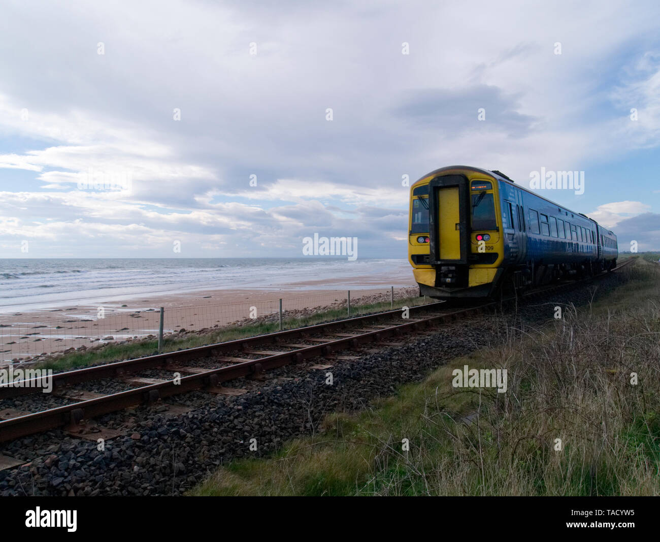 Scotrail train along coast at Brora beach, Sutherland Stock Photo