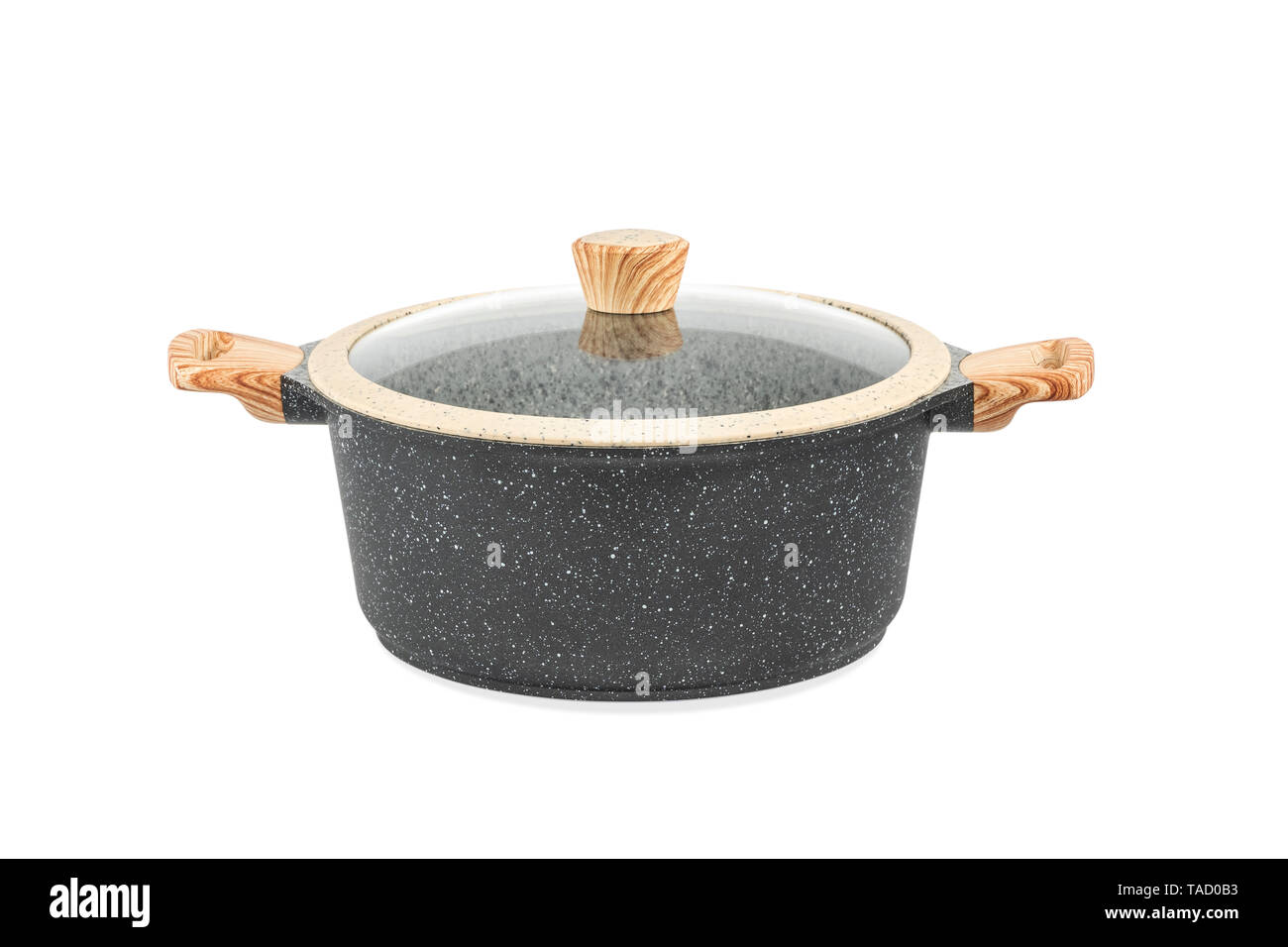Black spotted metal saucepan with glass lid and two handles isolated on ...