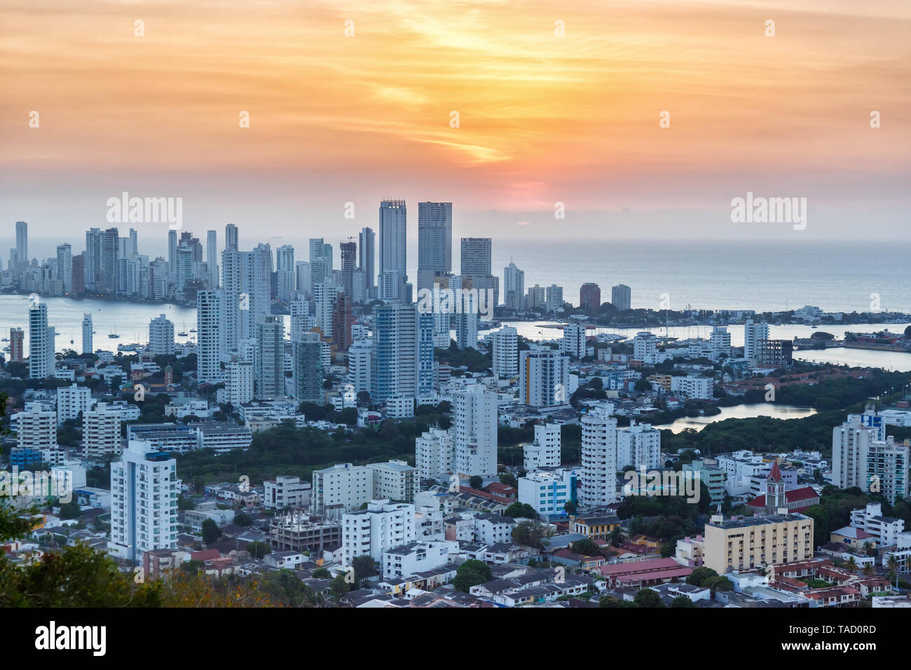Cartagena skyline Colombia city sea skyscrapers sunset twilight evening Stock Photo