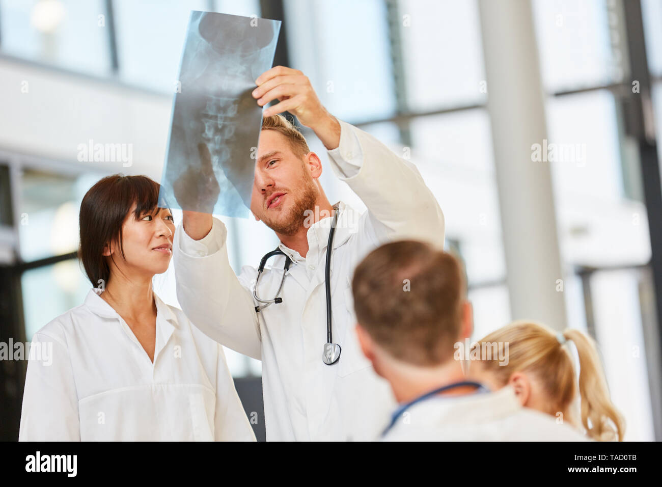 Lecturer in the evaluation of an X-ray image in an orthopedics training Stock Photo