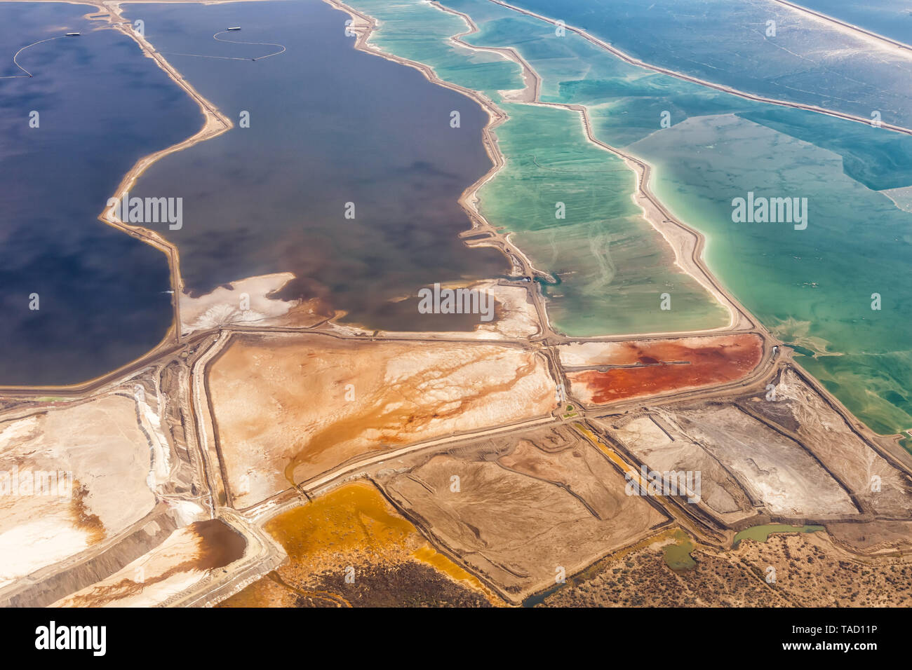 Dead Sea Israel landscape nature salt extraction from above aerial view Jordan vacation holidays Stock Photo