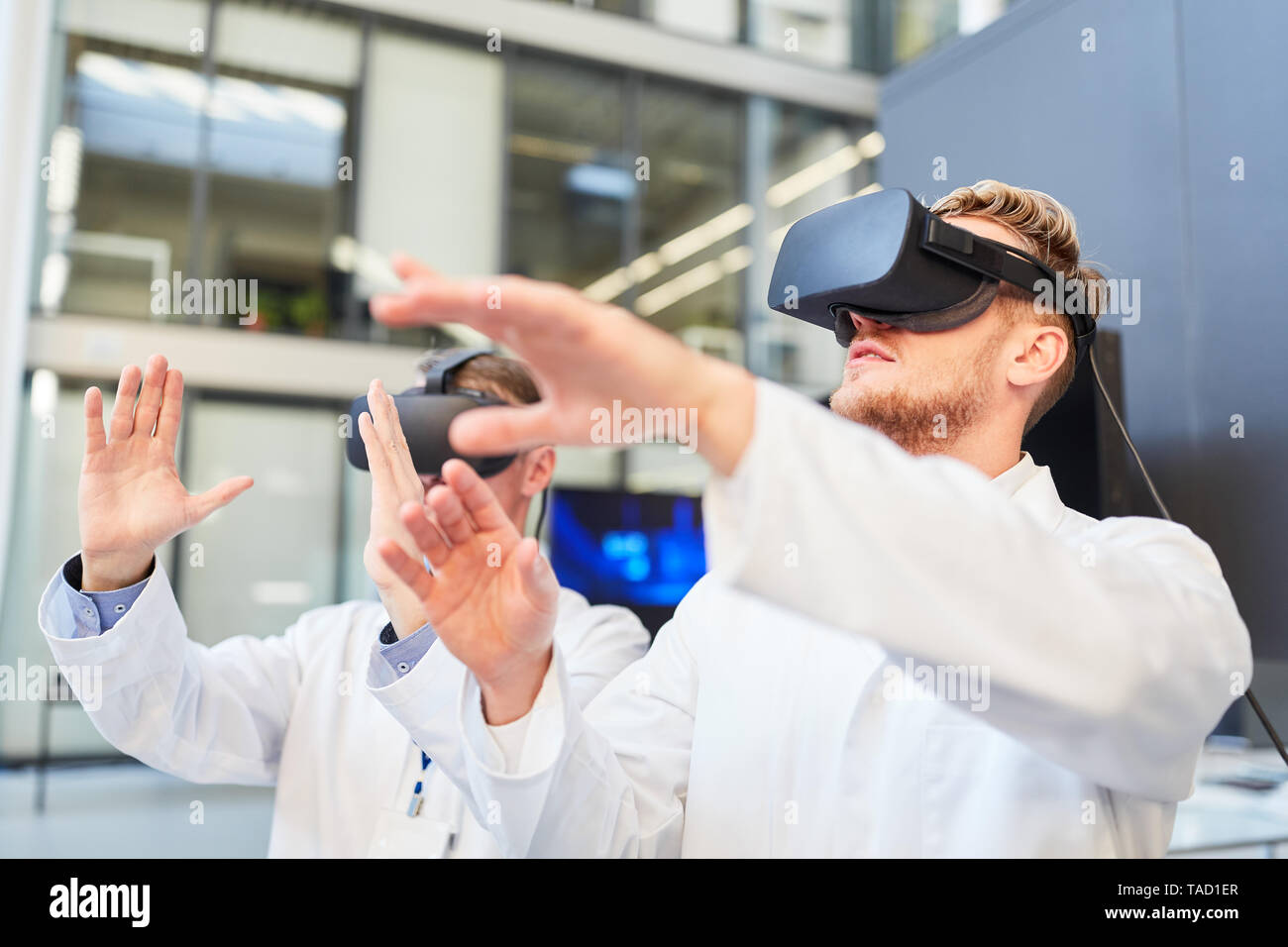 Two doctors or researchers train with virtual reality glasses for better diagnostics Stock Photo