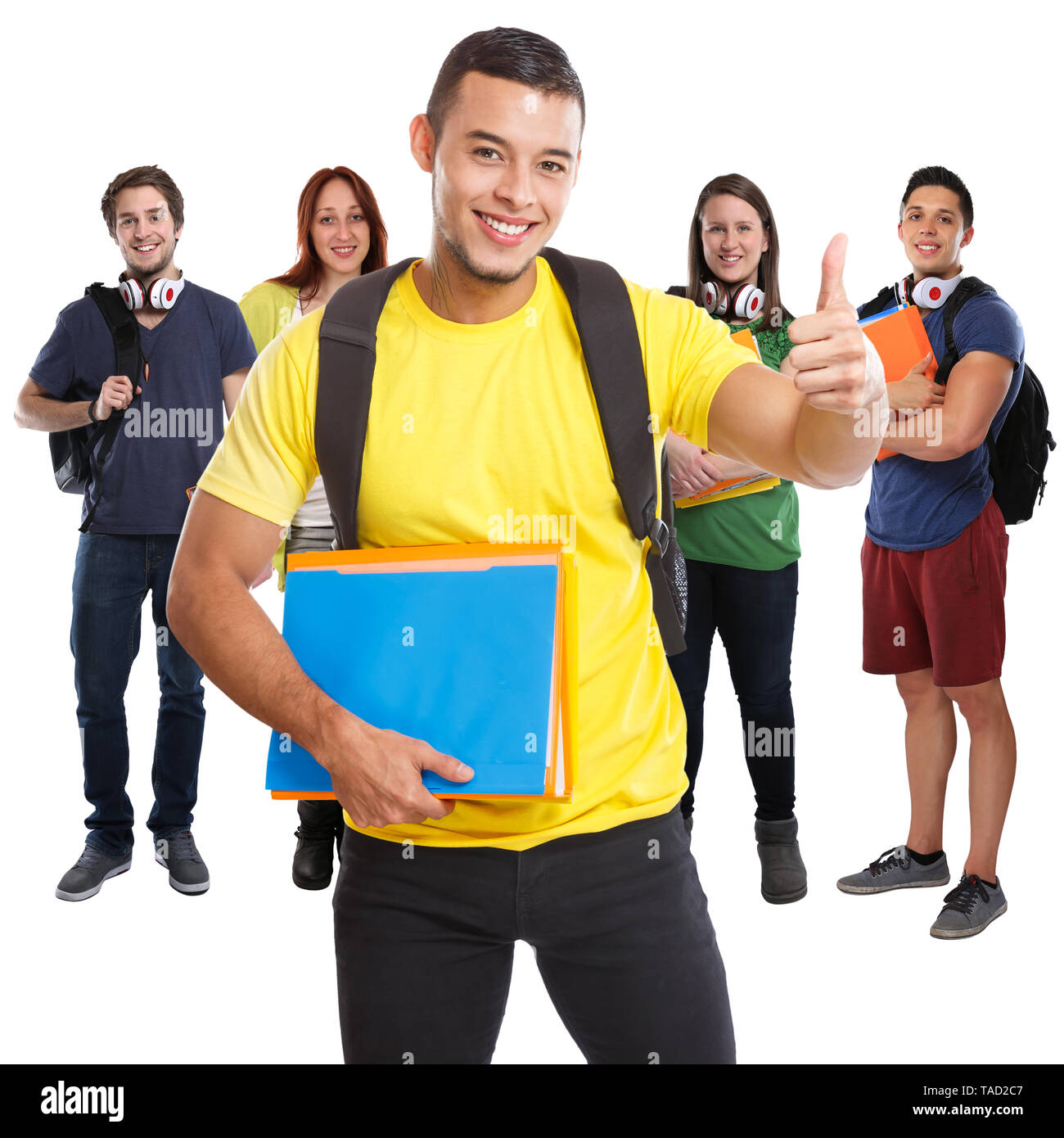 Group of students success successful thumbs up smiling square people isolated on a white background Stock Photo