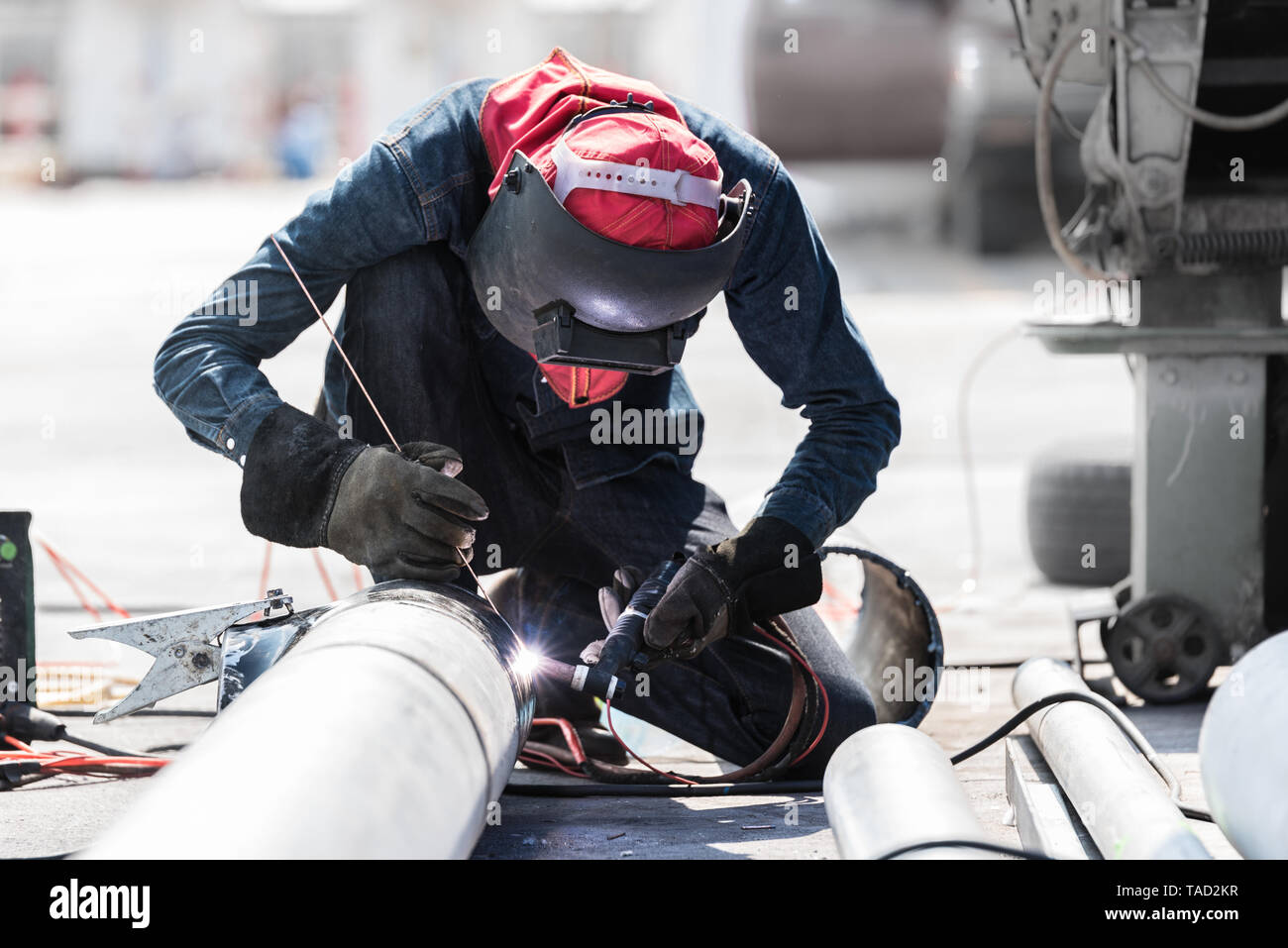 Welding work for steel pipe Stock Photo Alamy