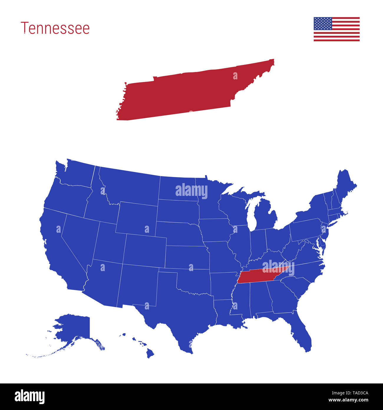 The State of Tennessee is Highlighted in Red. Blue Map of the United States Divided into Separate States. Map of the USA Split into Individual States. Stock Photo