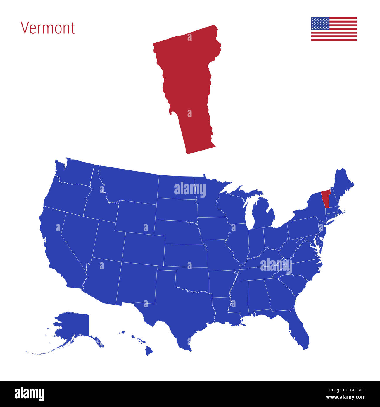 The State of Vermont is Highlighted in Red. Blue Map of the United