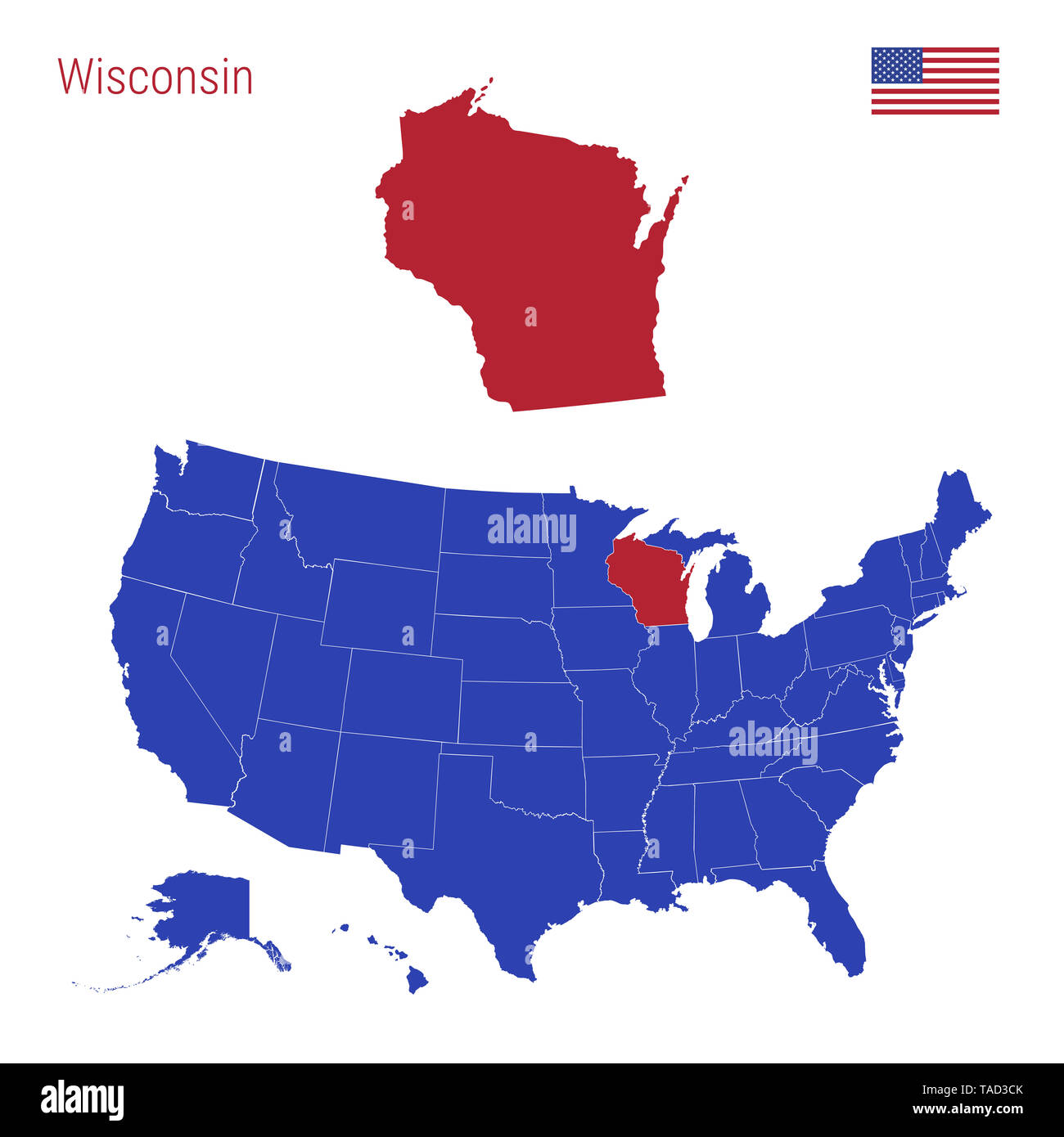 The State of Wisconsin is Highlighted in Red. Blue Map of the United