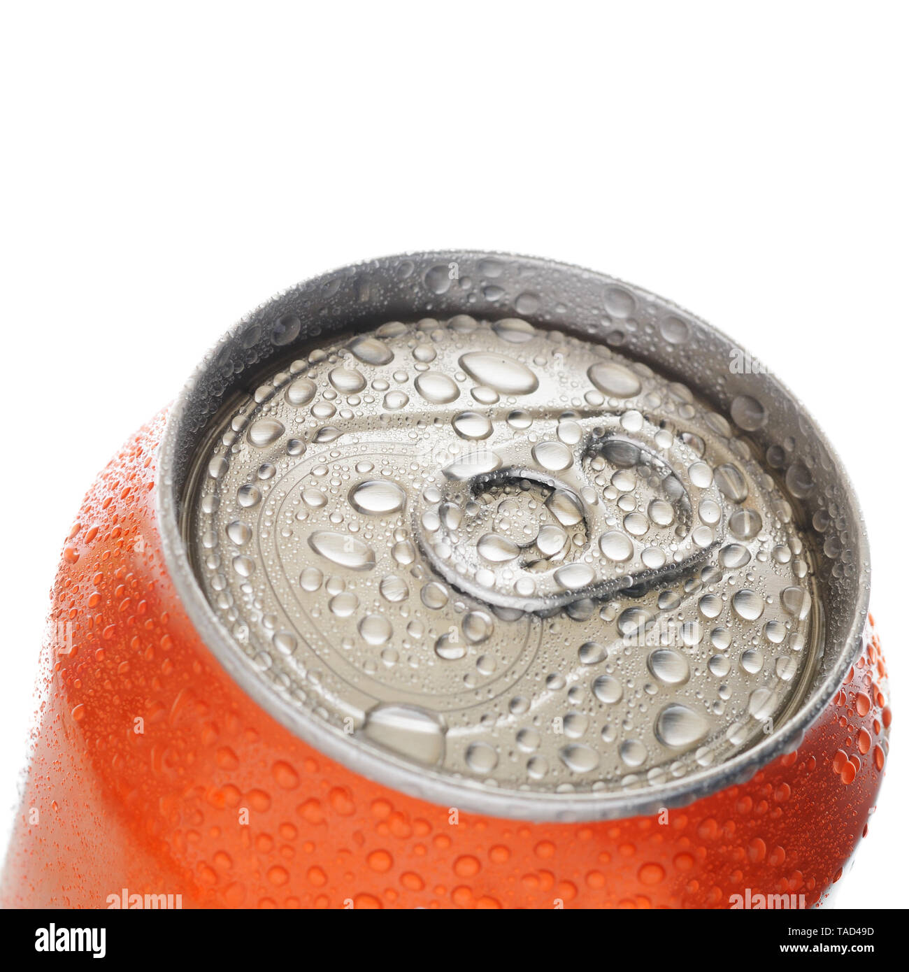 Top of aluminum can with drops of water isolated on white background Stock Photo