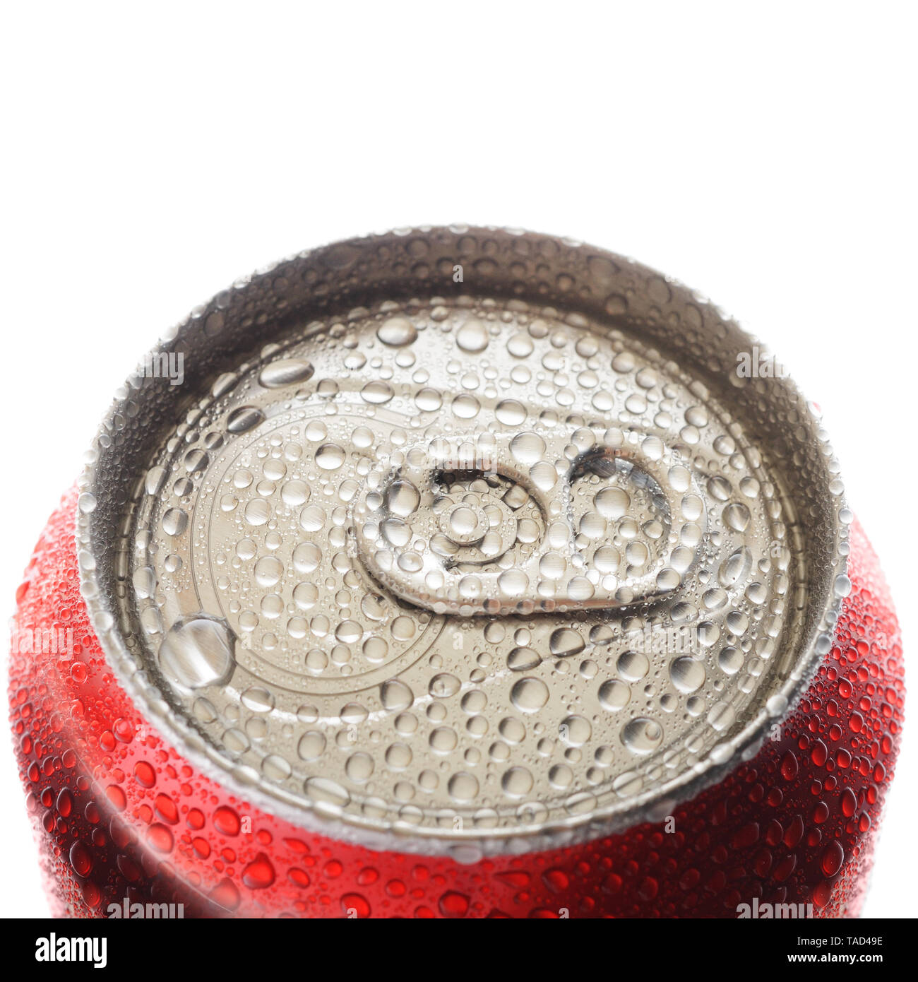 Top of aluminum can with drops of water isolated on white background Stock Photo