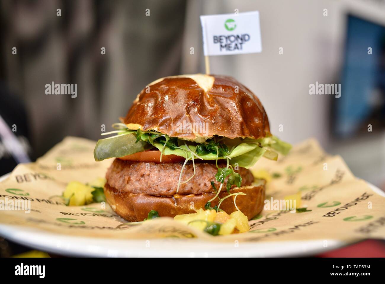 Meatless (meat free) Beyond Burger from Beyond Meat. Vegetarian vegan burger made from peas