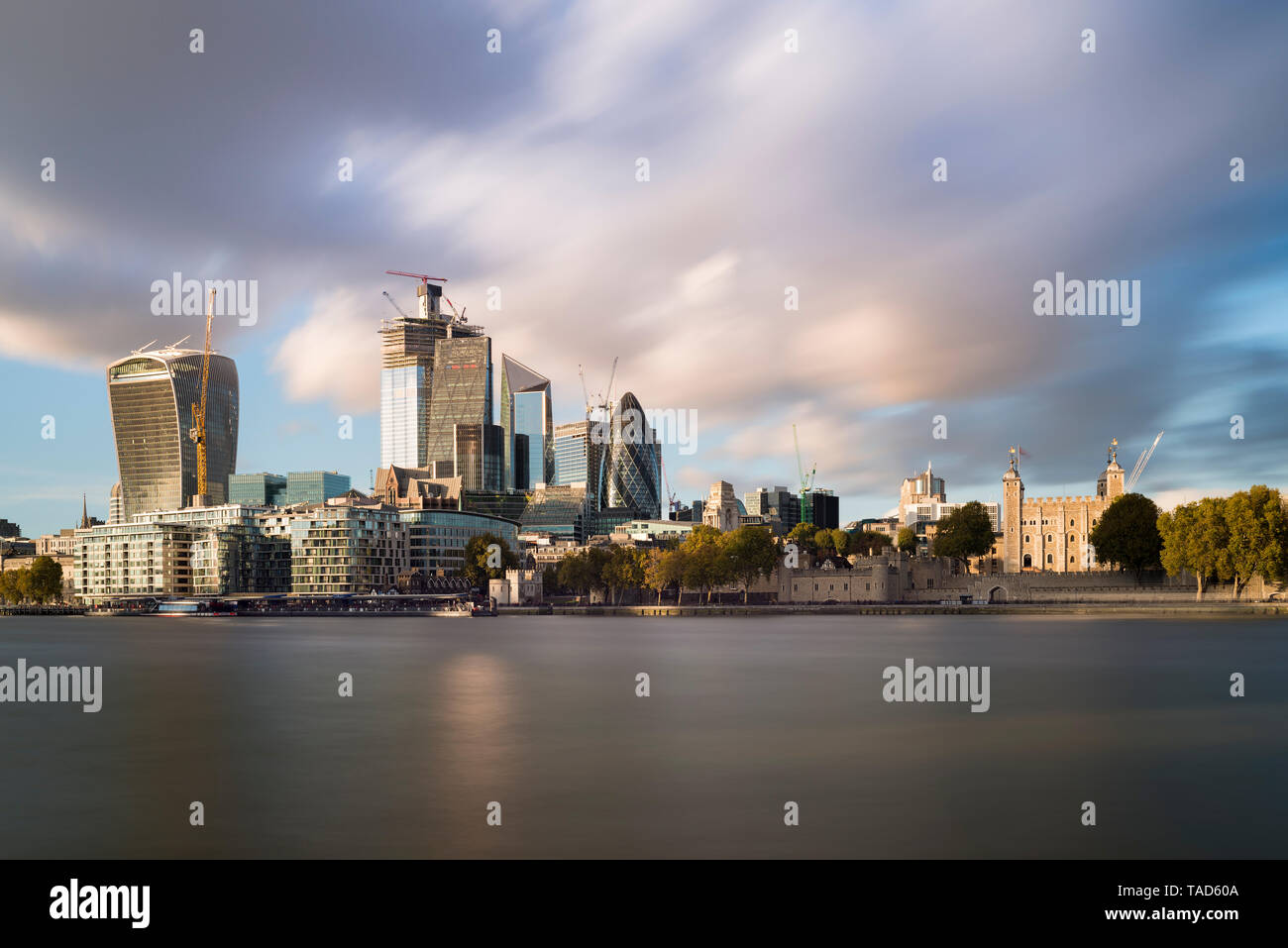 UK, London, City of London, River Thames, skyline with modern office buildings and Tower of London Stock Photo