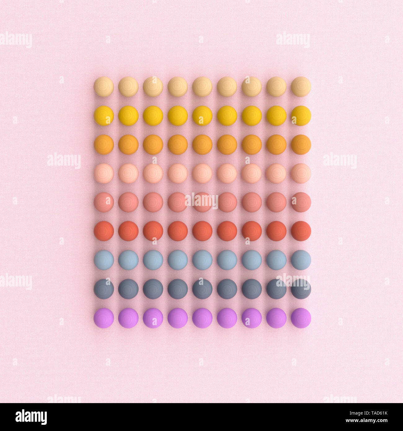 3D rendering, Square of rows of colorful wood balls Stock Photo