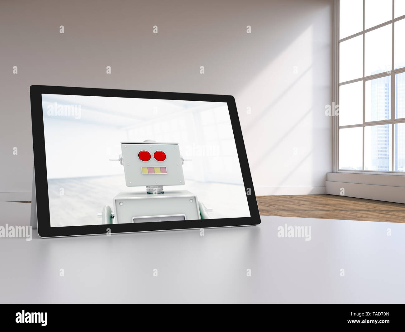 3D rendering, Robot on display of a digital tablet in modern loft Stock Photo
