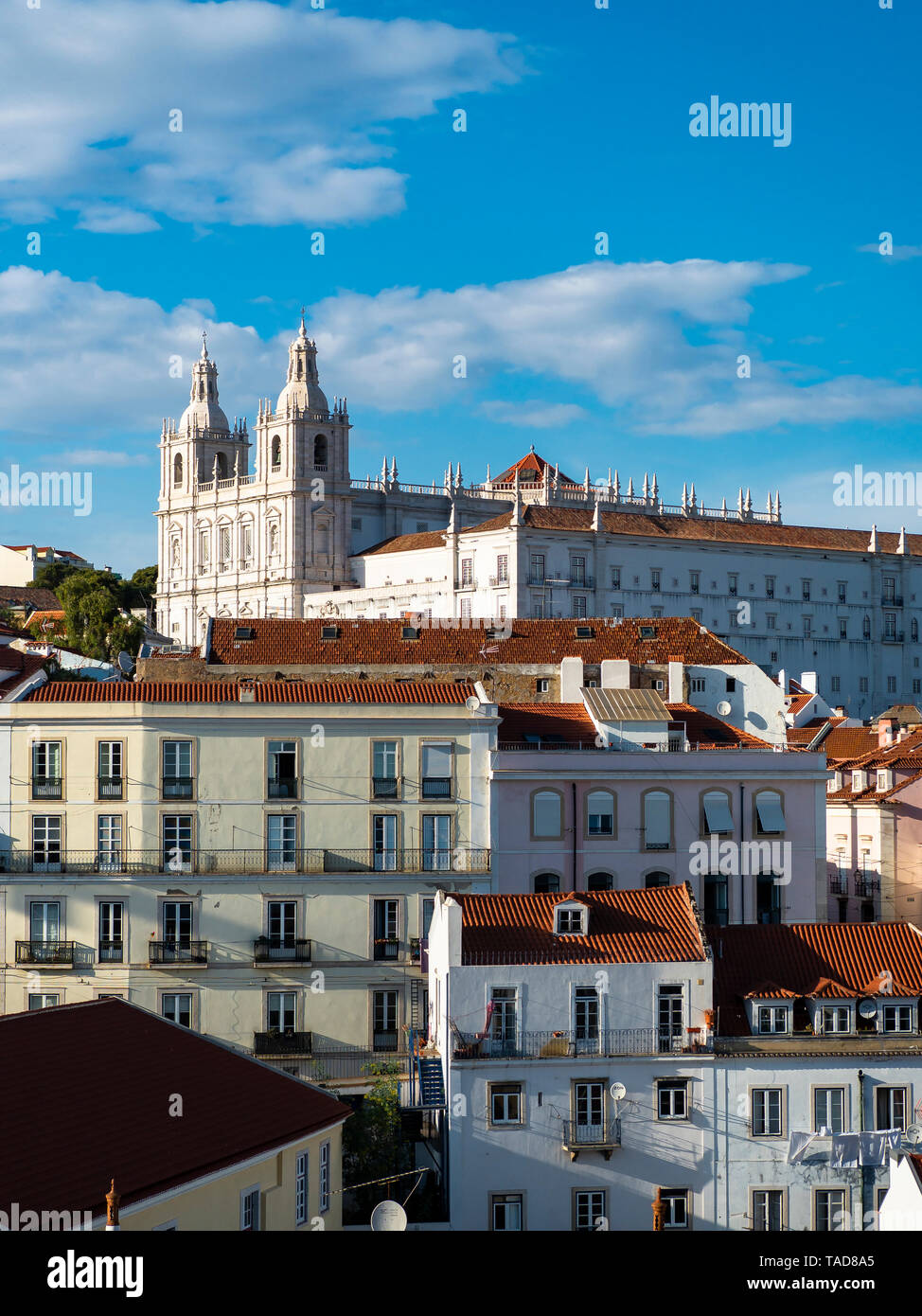 Portugal, Lisbon, Alfama, View from Miradouro de Santa Luzia over district with Sao Vicente de Fora Monastery Stock Photo