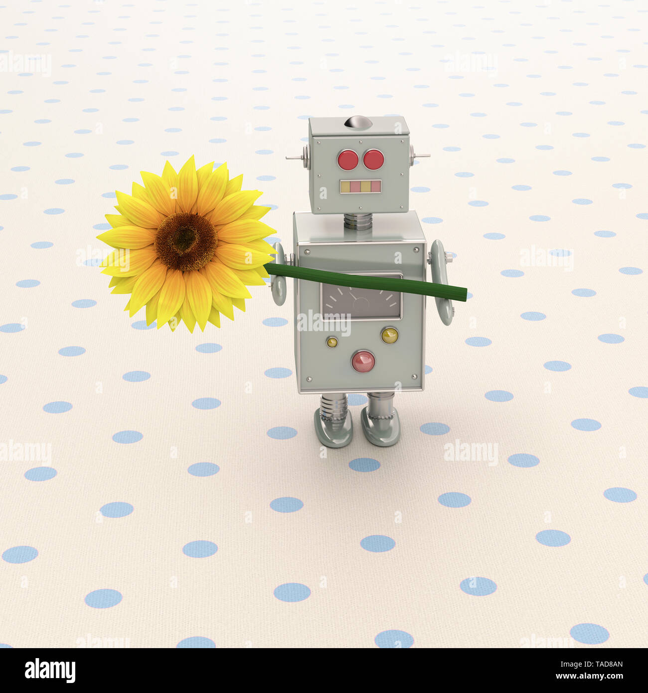 3D rendering, Toy robot presenting a sunflower Stock Photo