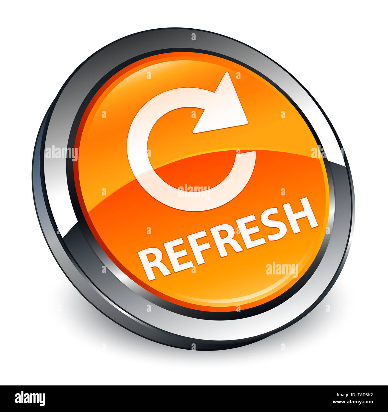 Refresh (rotate arrow icon) isolated on 3d orange round button abstract ...