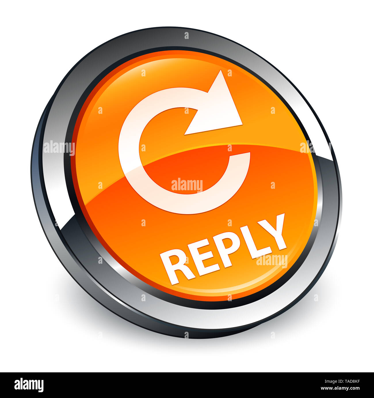 Reply (rotate arrow icon) isolated on 3d orange round button abstract ...