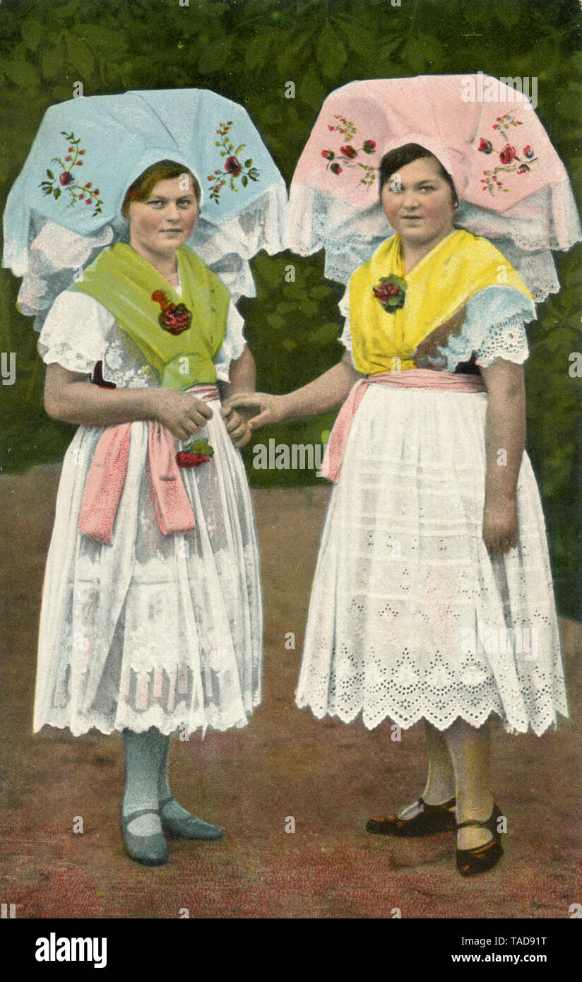 Two Spreewald women in traditional costume ,  (postcard, ) Stock Photo