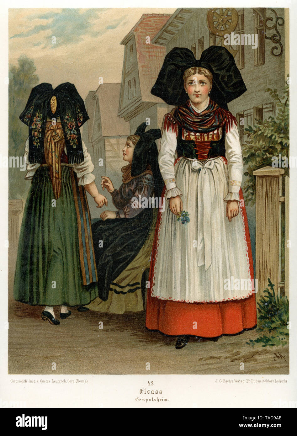 traditional costumes from Alsace: Geispolsheim, from Albert Kretschmer, German folk costumes, 1889 , Albert Kretschmer (, ) Stock Photo