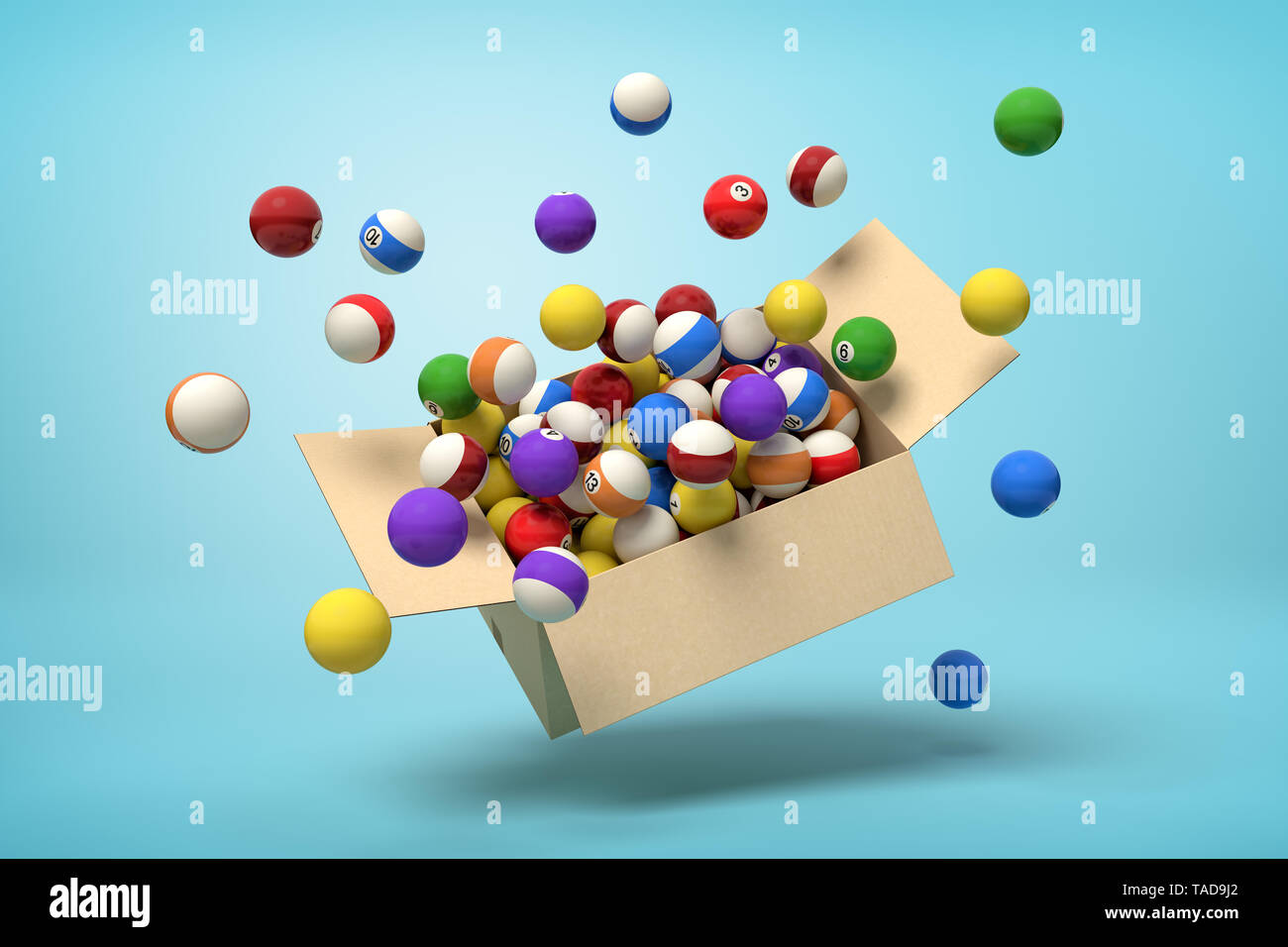 3d rendering of cardboard box in air full of colorful snooker balls which are flying out and floating outside on blue background. Stock Photo
