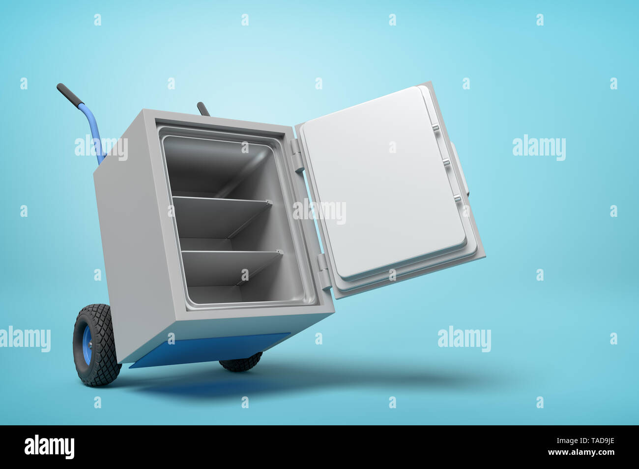 3d rendering of open big light-grey metal safe on blue hand truck on light-blue background with copy space. Stock Photo
