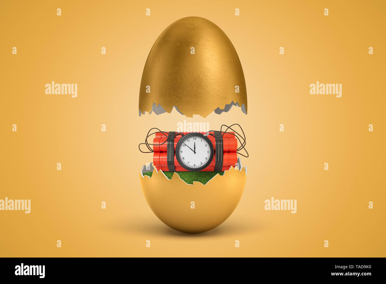 3d rendering of gold egg cracked in two, upper half levitating in air, red dynamite bundle with time bomb on green grass inside lower half. Stock Photo