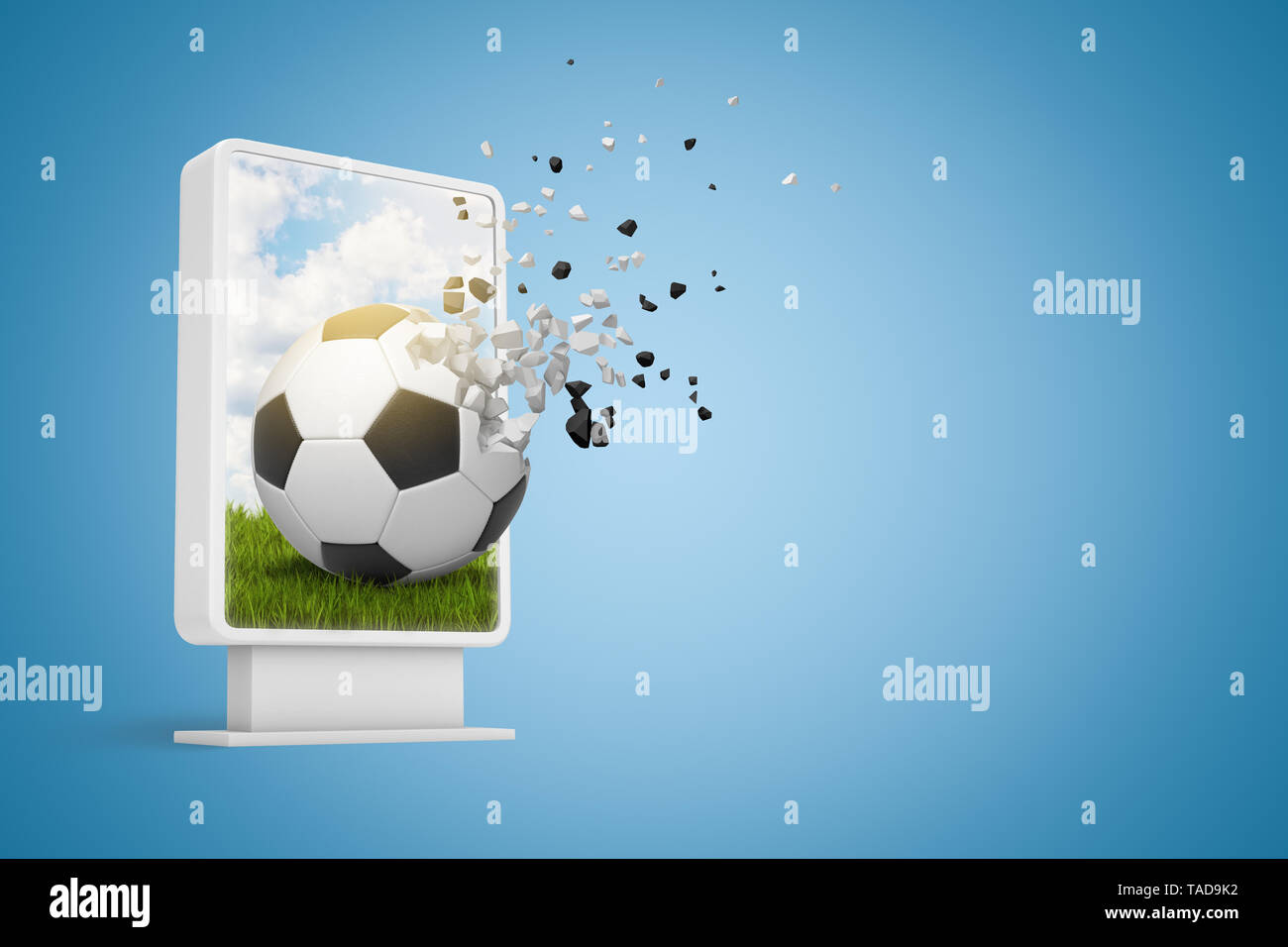 3d Rendering Of Digital Display With Football Starting To Dissolve Into Particles That Fly Out From Screen On Gradient Blue Background Stock Photo Alamy