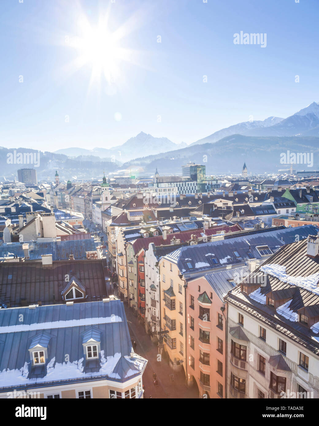 Austria, Tyrol, Innsbruck, Panoramic views of the city with snow-capped Alps in background Stock Photo