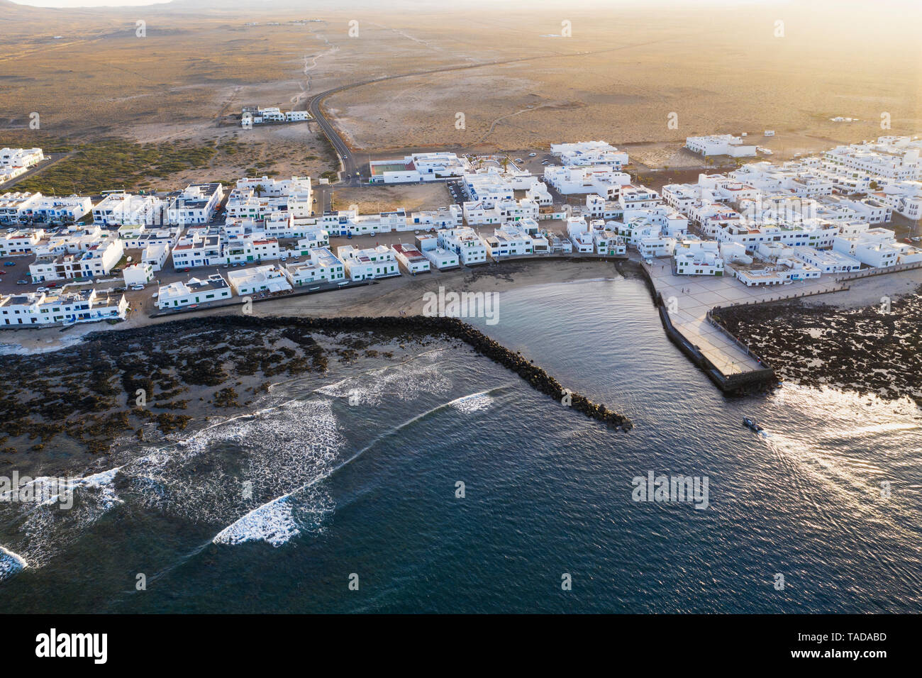 Spain, Canary Islands, Lanzarote, Caleta de Famara, aerial view Stock Photo